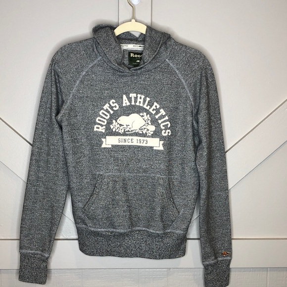 Roots Canada Athletics Grey White Logo Hoodie Sweatshirt Kangaroo Pocket Medium - Picture 1 of 12